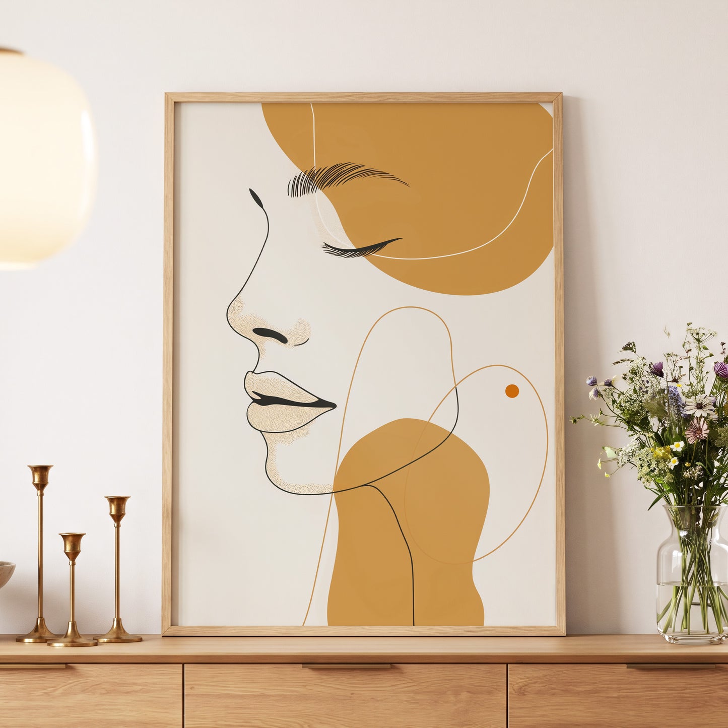 Gilded Reverie, beige, gold, black minimalist wall art displayed in a styled interior, gallery view 5