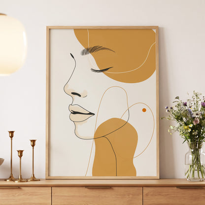 Gilded Reverie, beige, gold, black minimalist wall art displayed in a styled interior, gallery view 5