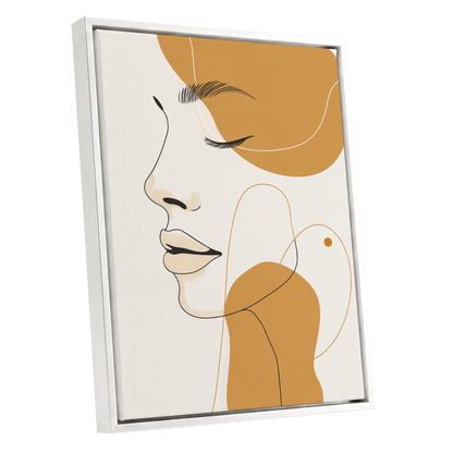 Gilded Reverie, beige, gold, black minimalist wall art shown as a white framed canvas wall art