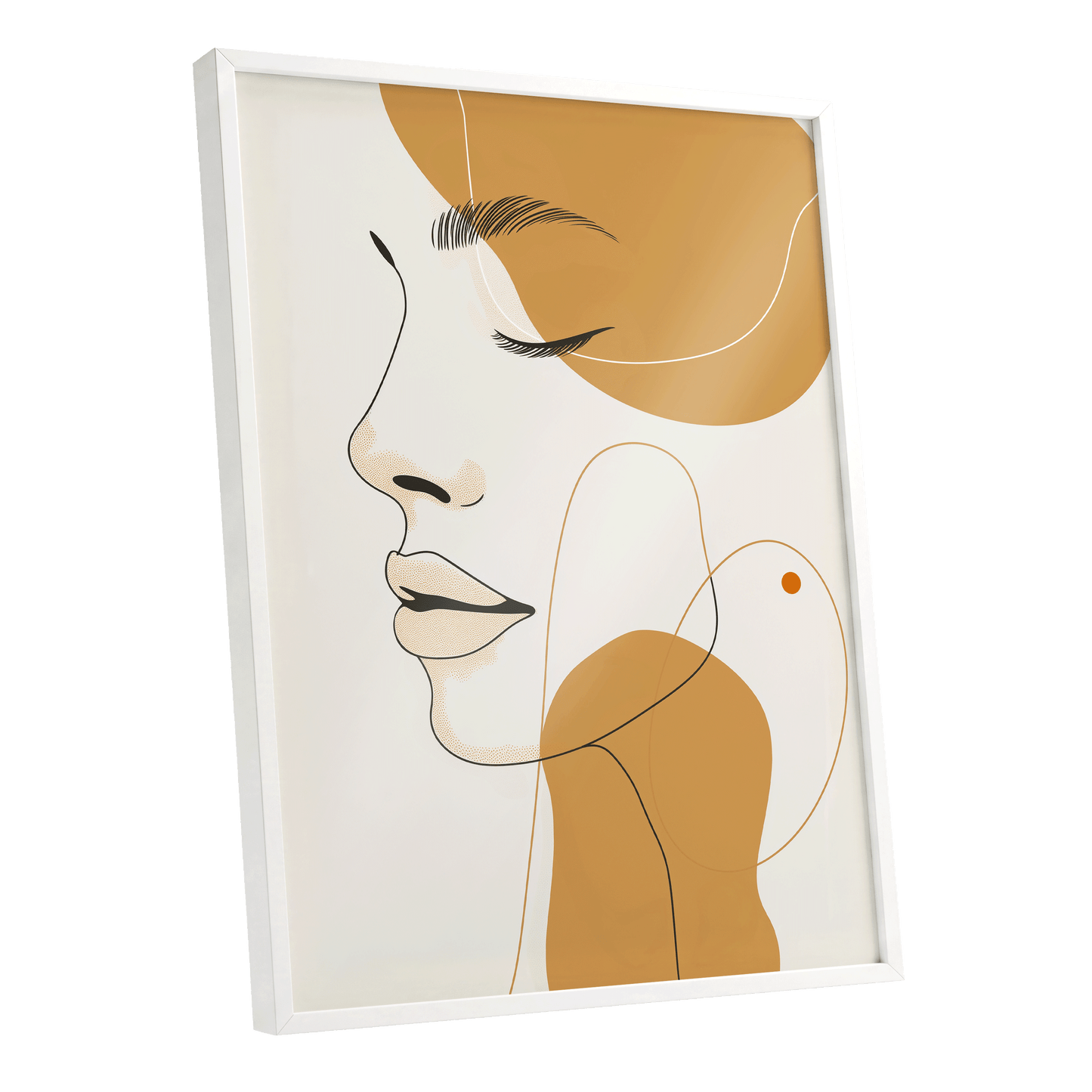 Gilded Reverie, beige, gold, black minimalist wall art shown as a white framed poster wall art print