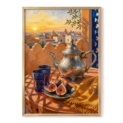 Gilded Rooftop Tea, orange, blue, gold abstract wall art, front artwork view