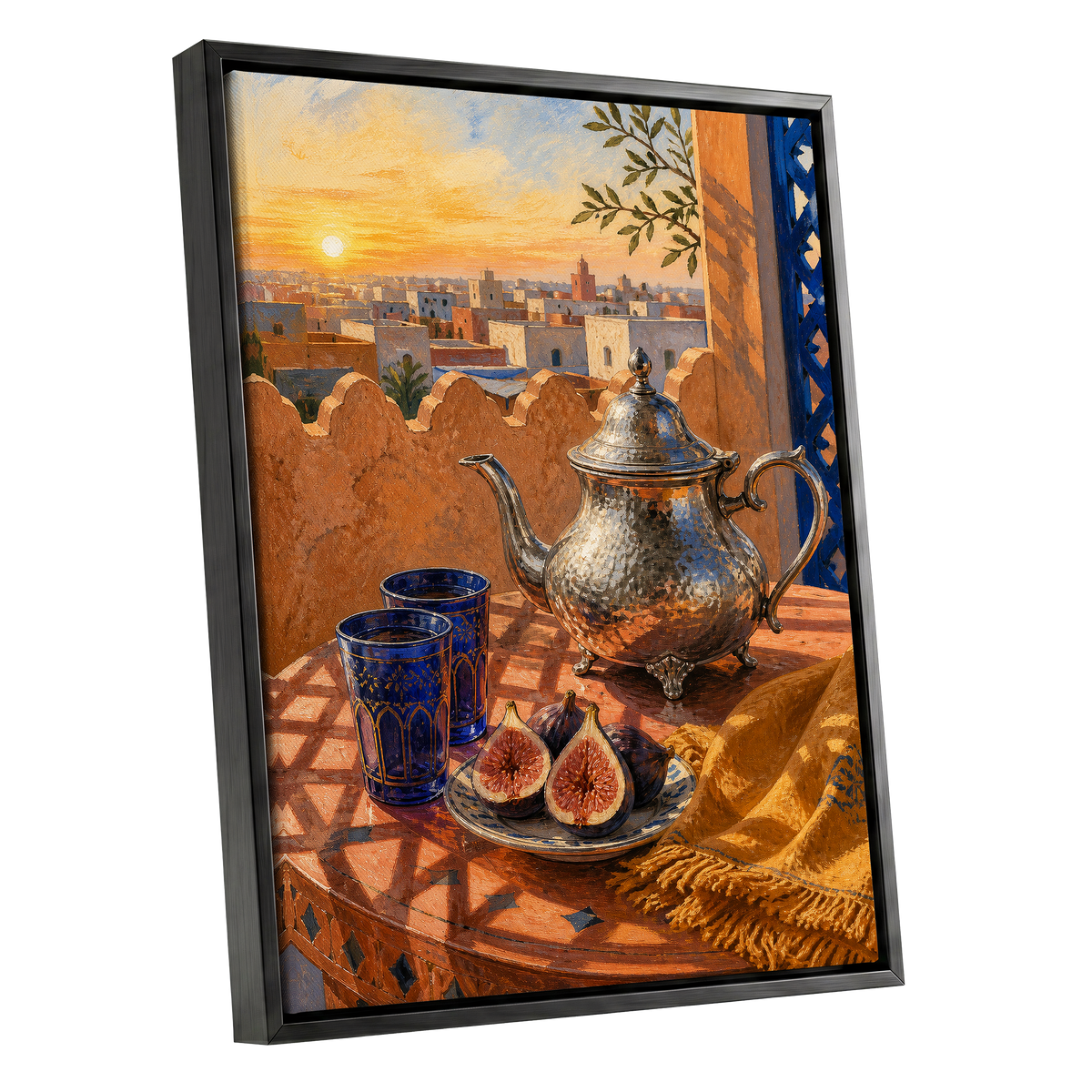 Gilded Rooftop Tea, orange, blue, gold abstract wall art shown as a black framed canvas wall art