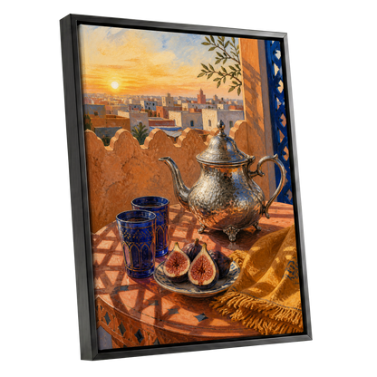 Gilded Rooftop Tea, orange, blue, gold abstract wall art shown as a black framed canvas wall art