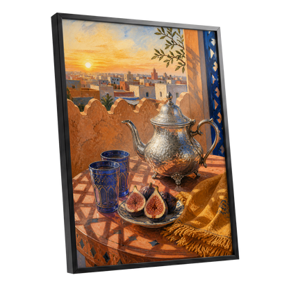 Gilded Rooftop Tea, orange, blue, gold abstract wall art shown as a black framed poster wall art print
