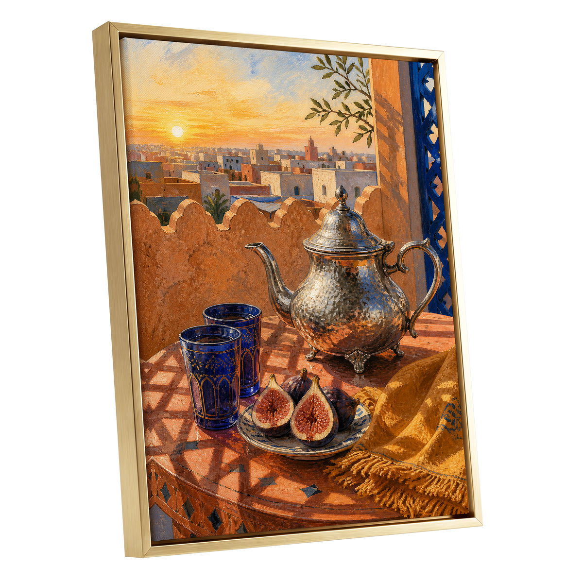 Gilded Rooftop Tea, orange, blue, gold abstract wall art shown as a gold framed canvas wall art