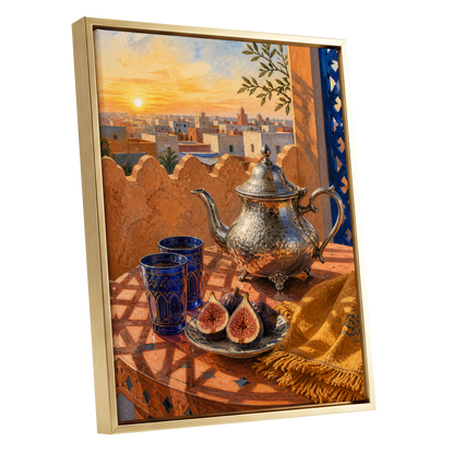 Gilded Rooftop Tea, orange, blue, gold abstract wall art shown as a gold framed canvas wall art