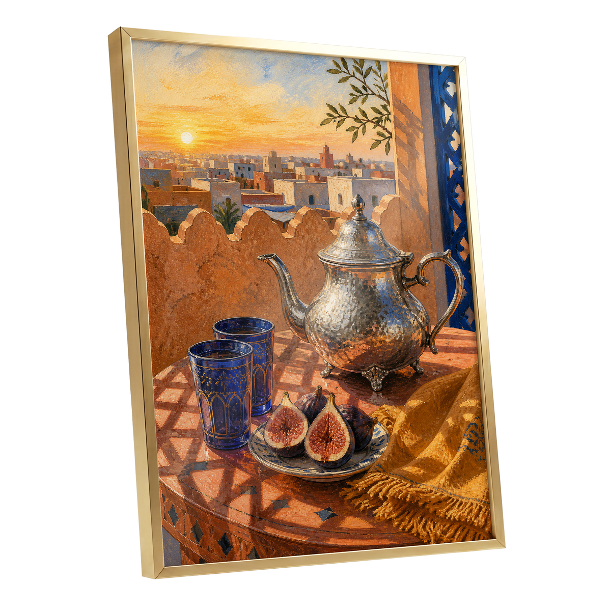 Gilded Rooftop Tea, orange, blue, gold abstract wall art shown as a gold framed poster wall art print