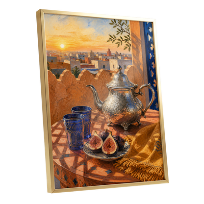 Gilded Rooftop Tea, orange, blue, gold abstract wall art shown as a gold framed poster wall art print