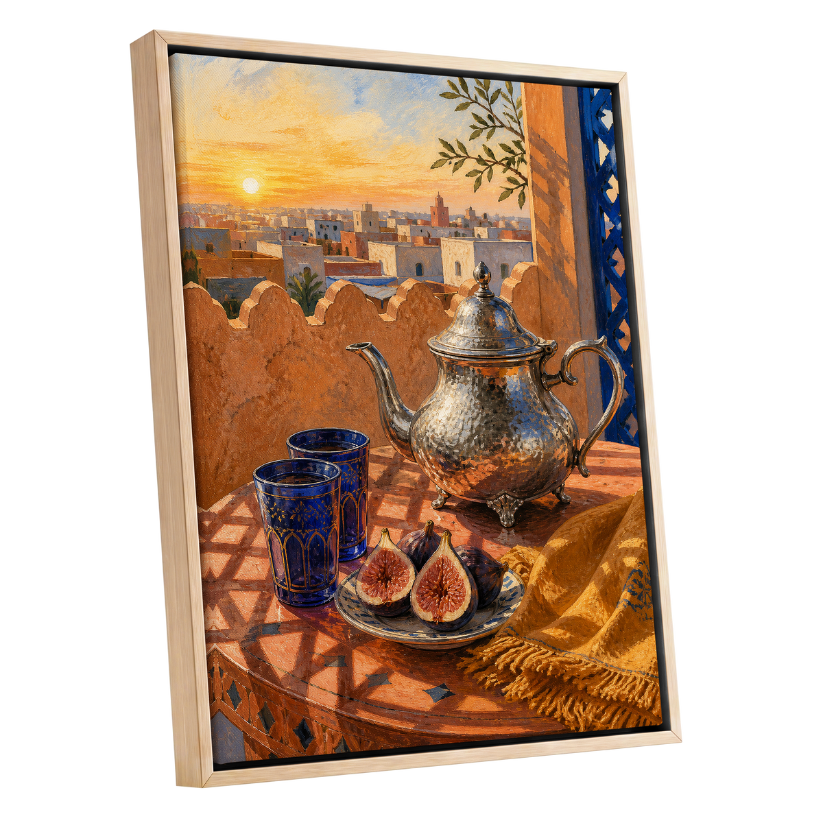 Gilded Rooftop Tea, orange, blue, gold abstract wall art shown as a oak framed canvas wall art