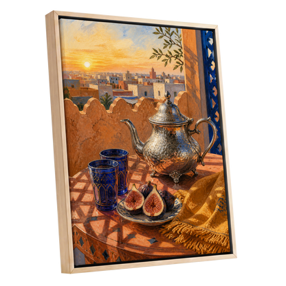 Gilded Rooftop Tea, orange, blue, gold abstract wall art shown as a oak framed canvas wall art