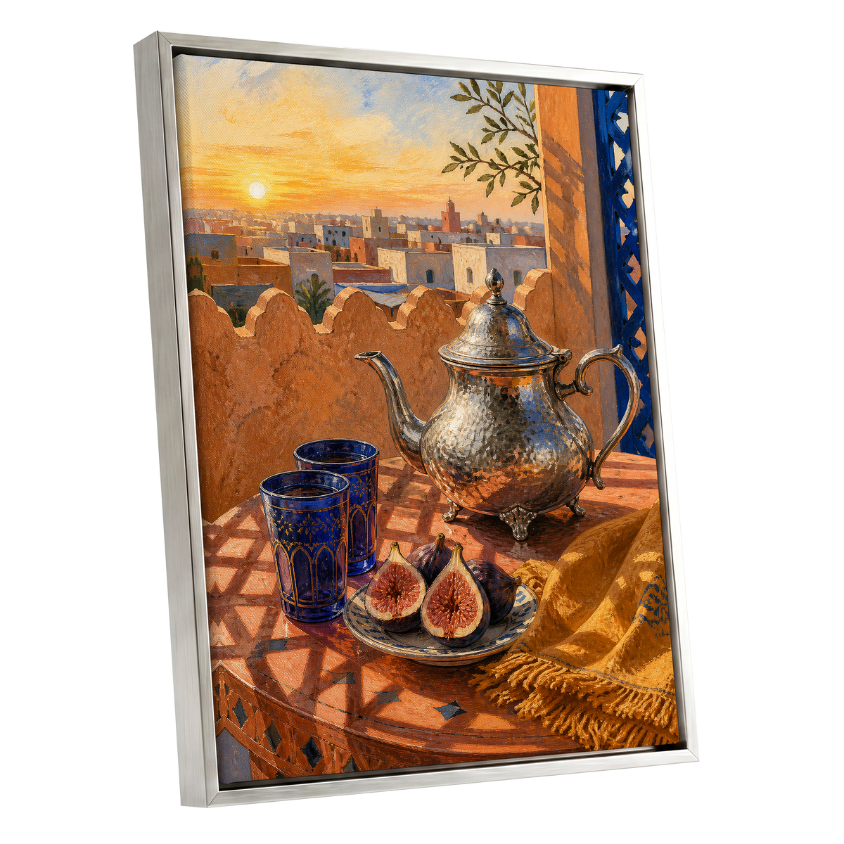 Gilded Rooftop Tea, orange, blue, gold abstract wall art shown as a silver framed canvas wall art