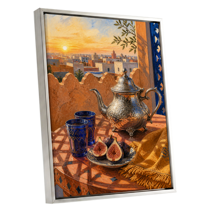 Gilded Rooftop Tea, orange, blue, gold abstract wall art shown as a silver framed canvas wall art