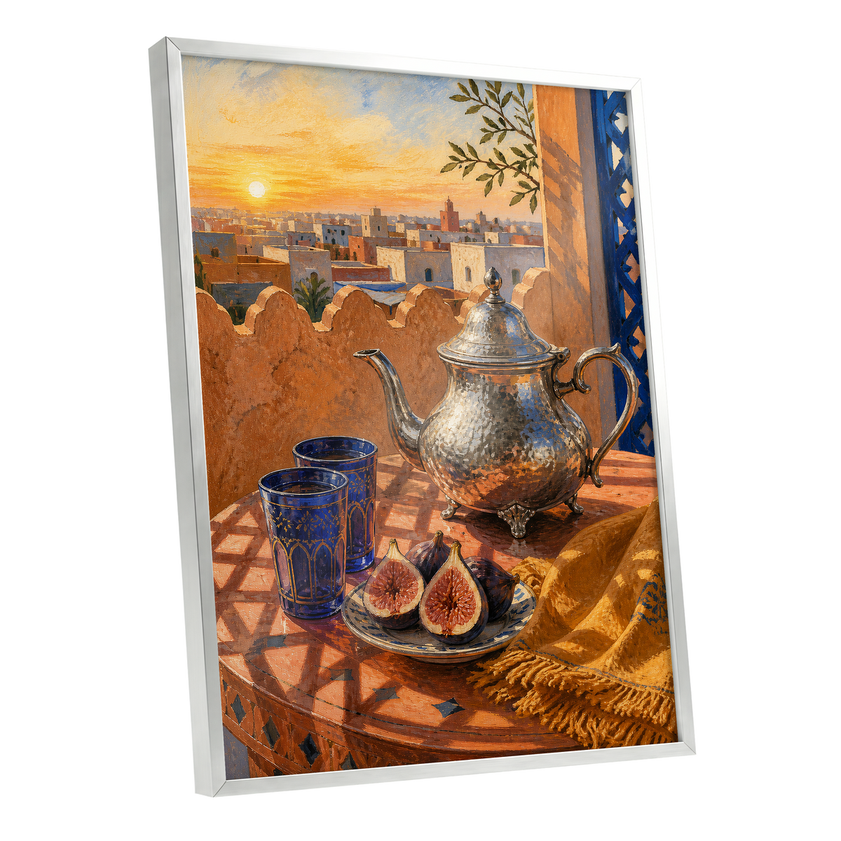 Gilded Rooftop Tea, orange, blue, gold abstract wall art shown as a silver framed poster wall art print