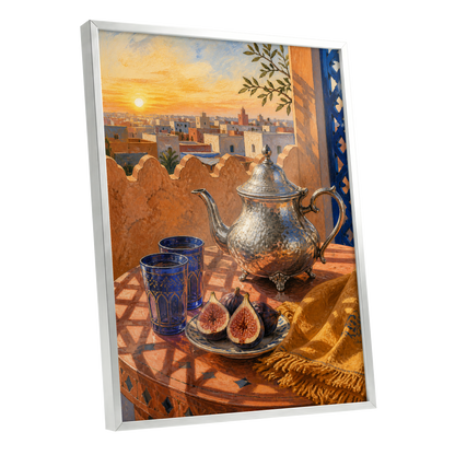 Gilded Rooftop Tea, orange, blue, gold abstract wall art shown as a silver framed poster wall art print