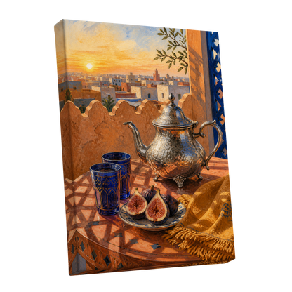 Gilded Rooftop Tea, orange, blue, gold abstract wall art shown as a stretched canvas wall art