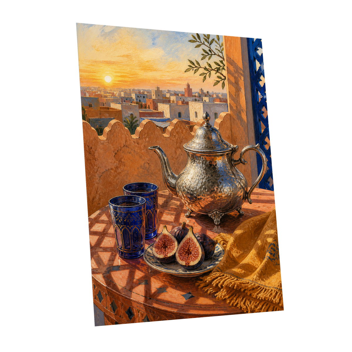 Gilded Rooftop Tea, orange, blue, gold abstract wall art shown as a unframed poster wall art print