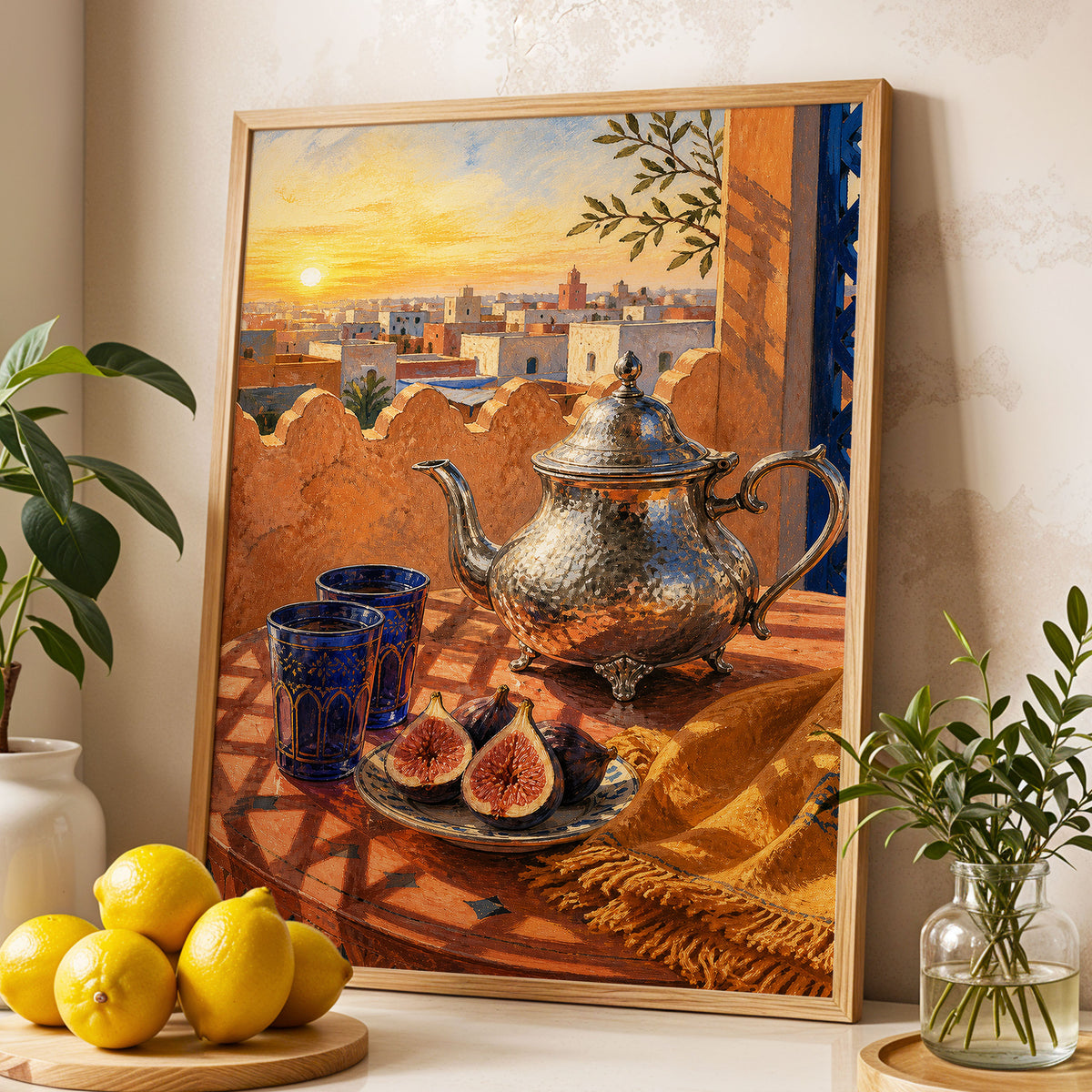 Gilded Rooftop Tea, orange, blue, gold abstract wall art displayed in a styled interior, gallery view 2