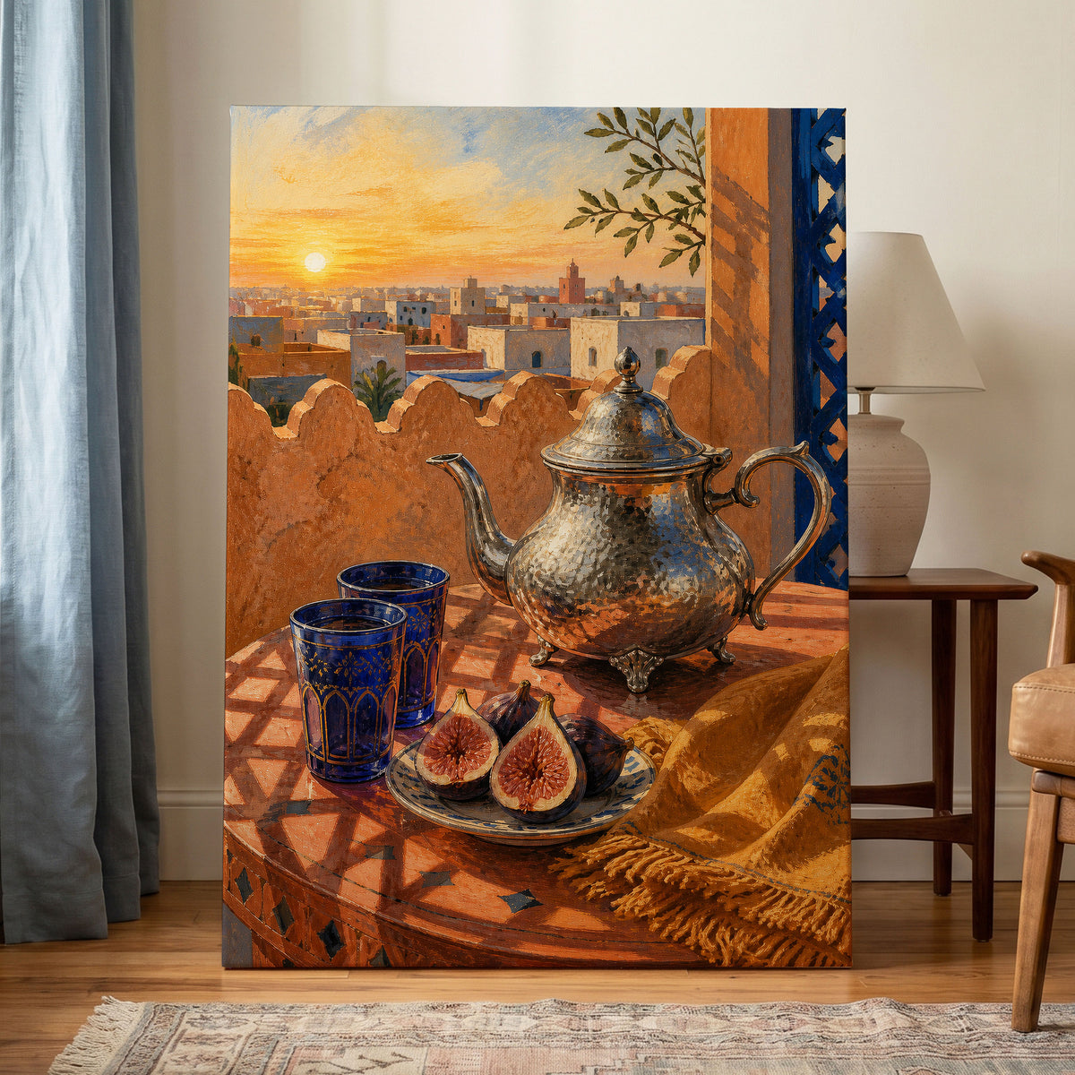 Gilded Rooftop Tea, orange, blue, gold abstract wall art displayed in a styled interior, gallery view 3