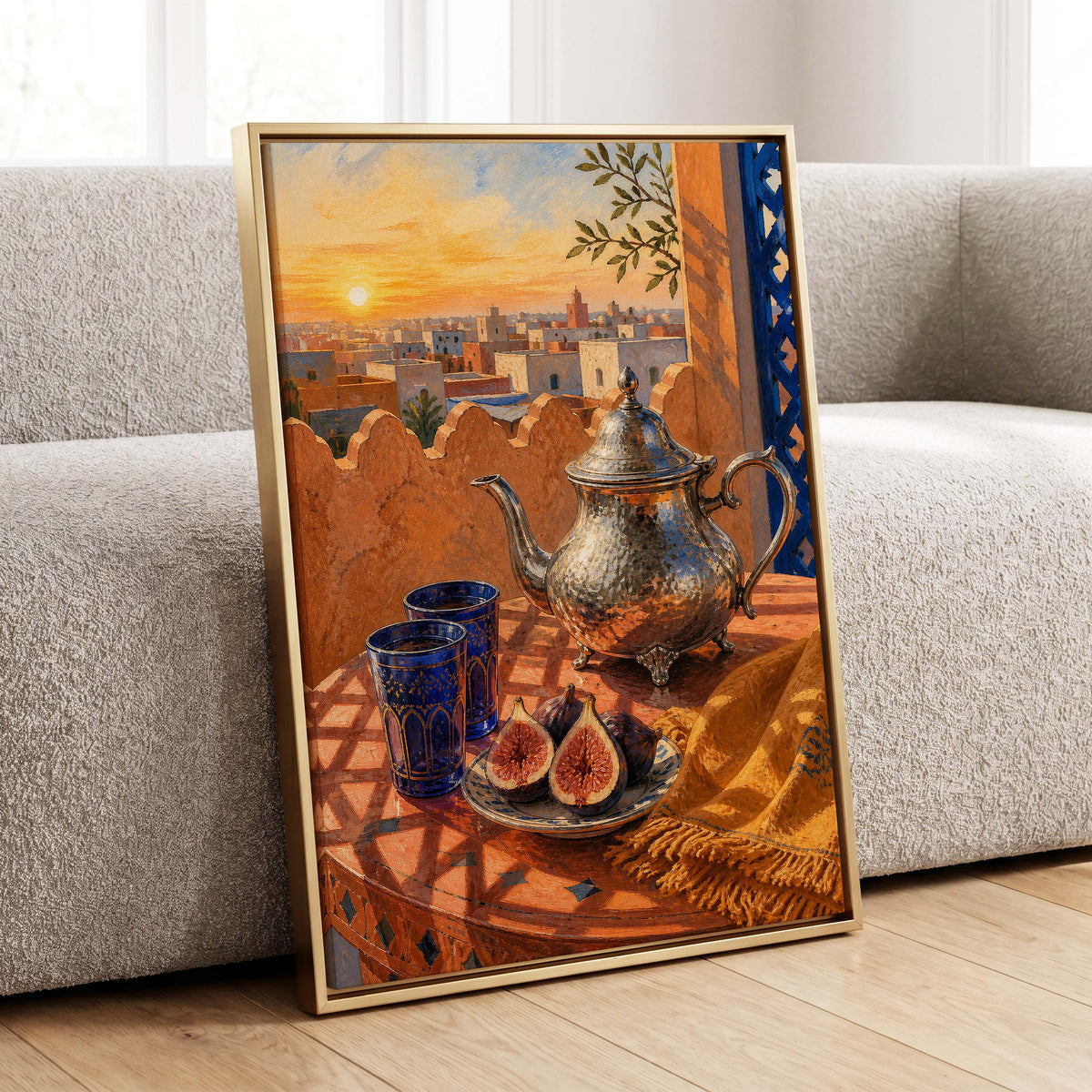 Gilded Rooftop Tea, orange, blue, gold abstract wall art displayed in a styled interior, gallery view 4