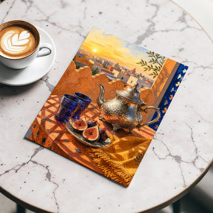 Gilded Rooftop Tea, orange, blue, gold abstract wall art displayed in a styled interior, gallery view 5