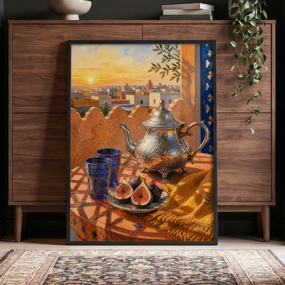 Gilded Rooftop Tea, orange, blue, gold abstract wall art displayed in a styled interior, gallery view 6