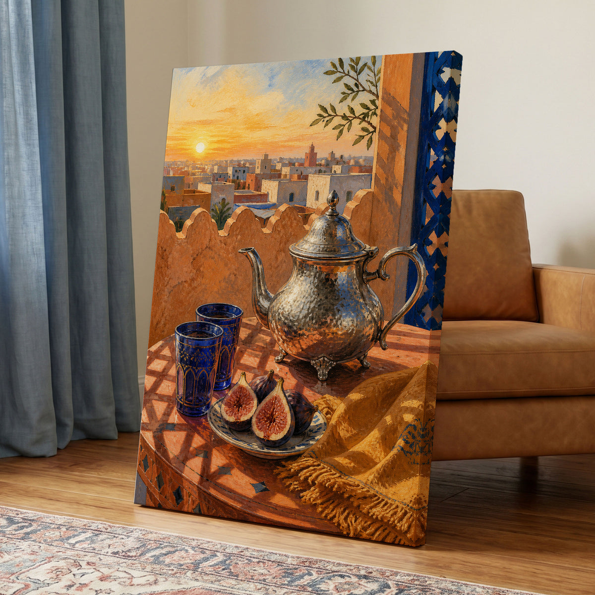 Gilded Rooftop Tea, orange, blue, gold abstract wall art displayed in a styled interior, gallery view 7