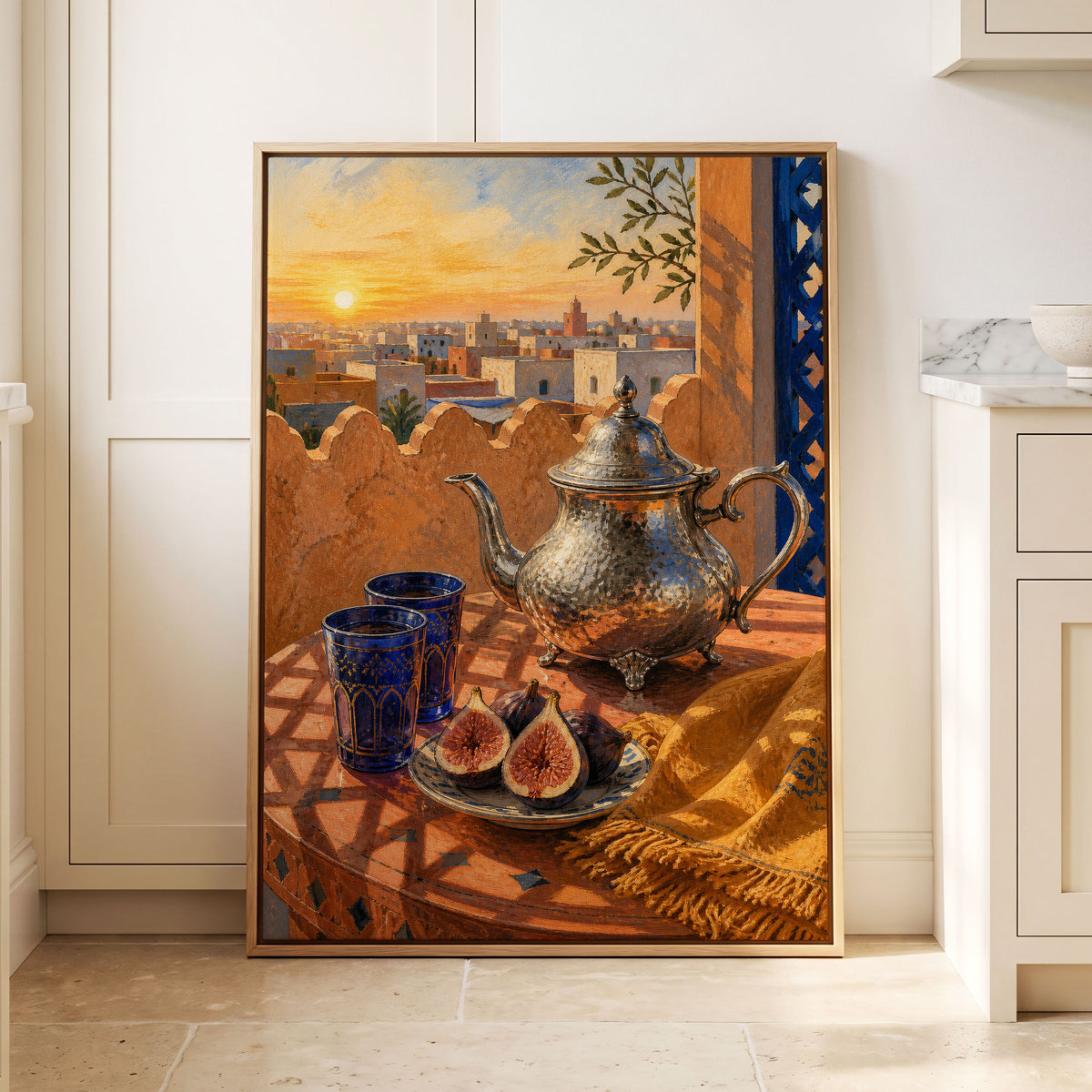Gilded Rooftop Tea, orange, blue, gold abstract wall art displayed in a styled interior, gallery view 8