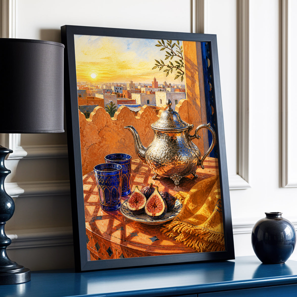 Gilded Rooftop Tea, orange, blue, gold abstract wall art displayed in a styled interior, gallery view 9