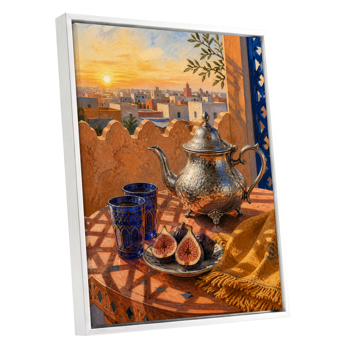 Gilded Rooftop Tea, orange, blue, gold abstract wall art shown as a white framed canvas wall art