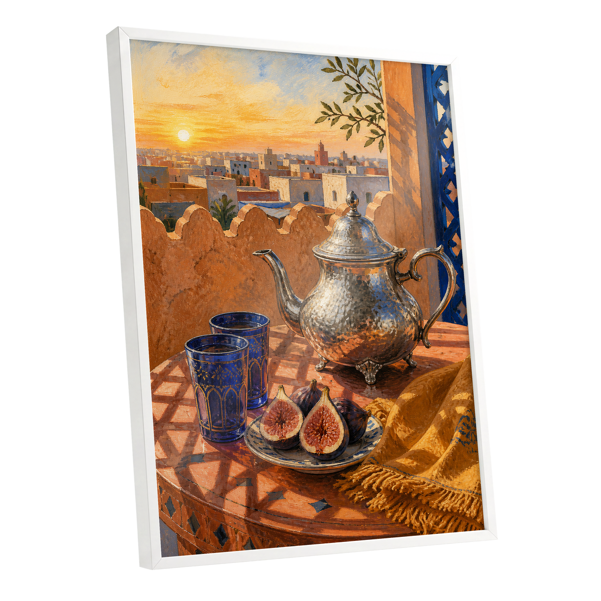 Gilded Rooftop Tea, orange, blue, gold abstract wall art shown as a white framed poster wall art print