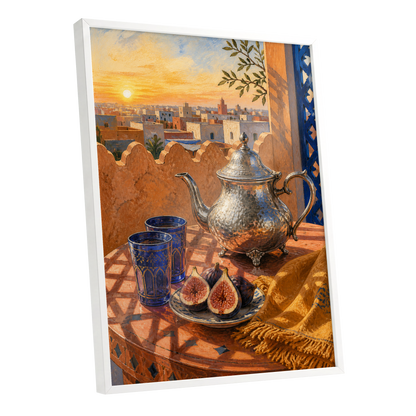Gilded Rooftop Tea, orange, blue, gold abstract wall art shown as a white framed poster wall art print