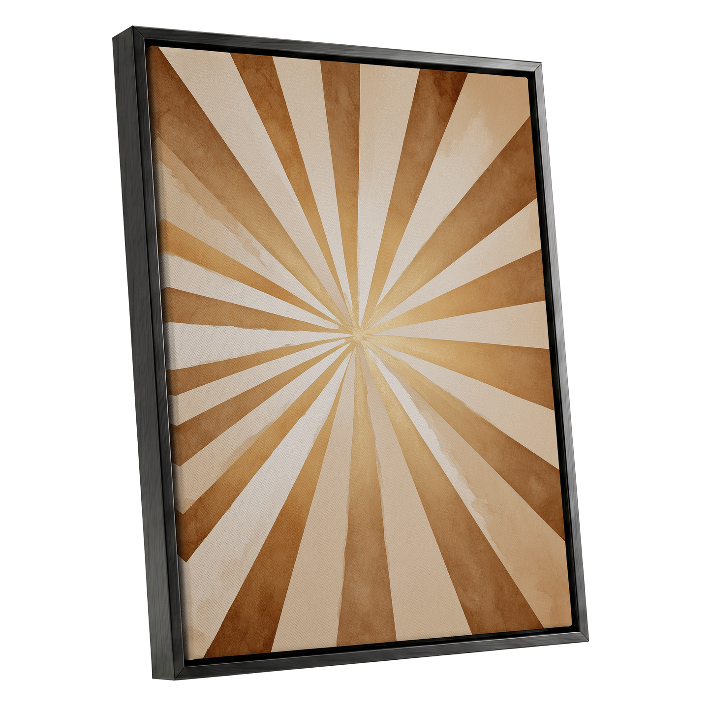 Gilded Sepia Burst, beige, gold, brown abstract wall art shown as a black framed canvas wall art