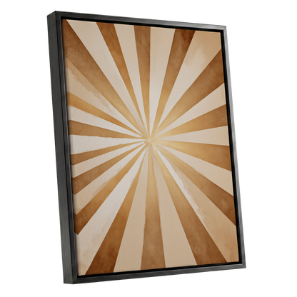 Gilded Sepia Burst, beige, gold, brown abstract wall art shown as a black framed canvas wall art