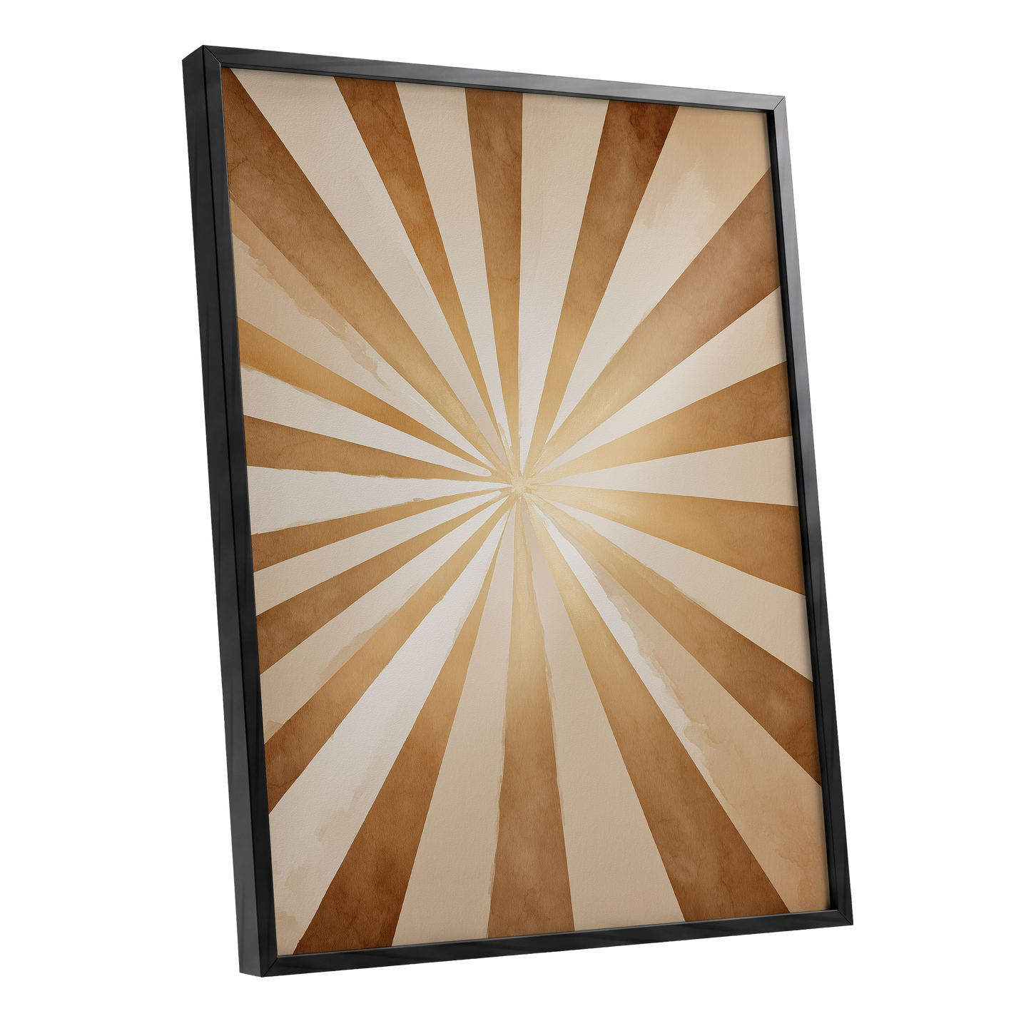 Gilded Sepia Burst, beige, gold, brown abstract wall art shown as a black framed poster wall art print
