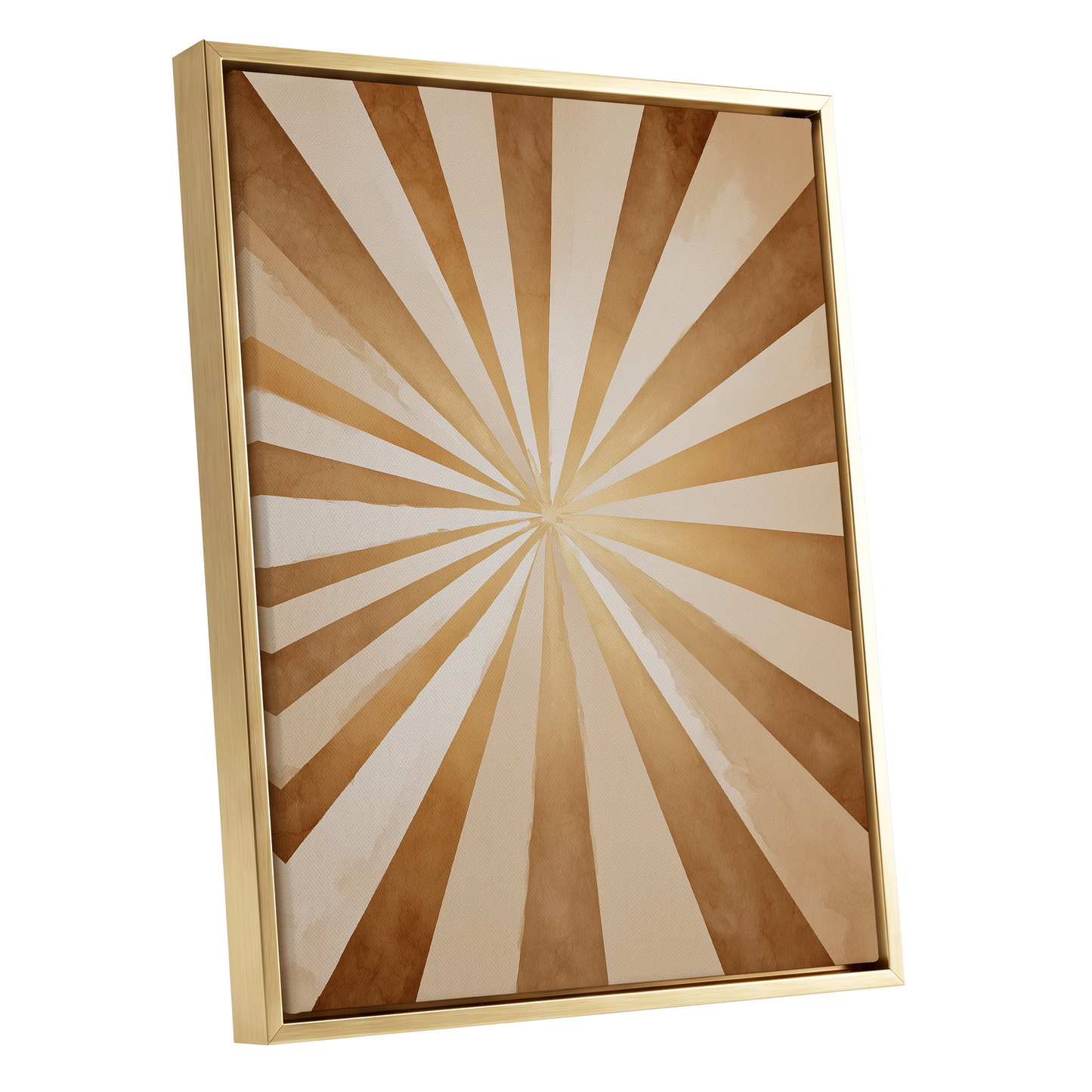 Gilded Sepia Burst, beige, gold, brown abstract wall art shown as a gold framed canvas wall art