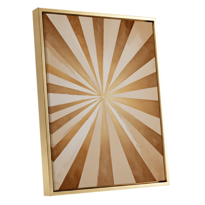 Gilded Sepia Burst, beige, gold, brown abstract wall art shown as a gold framed canvas wall art