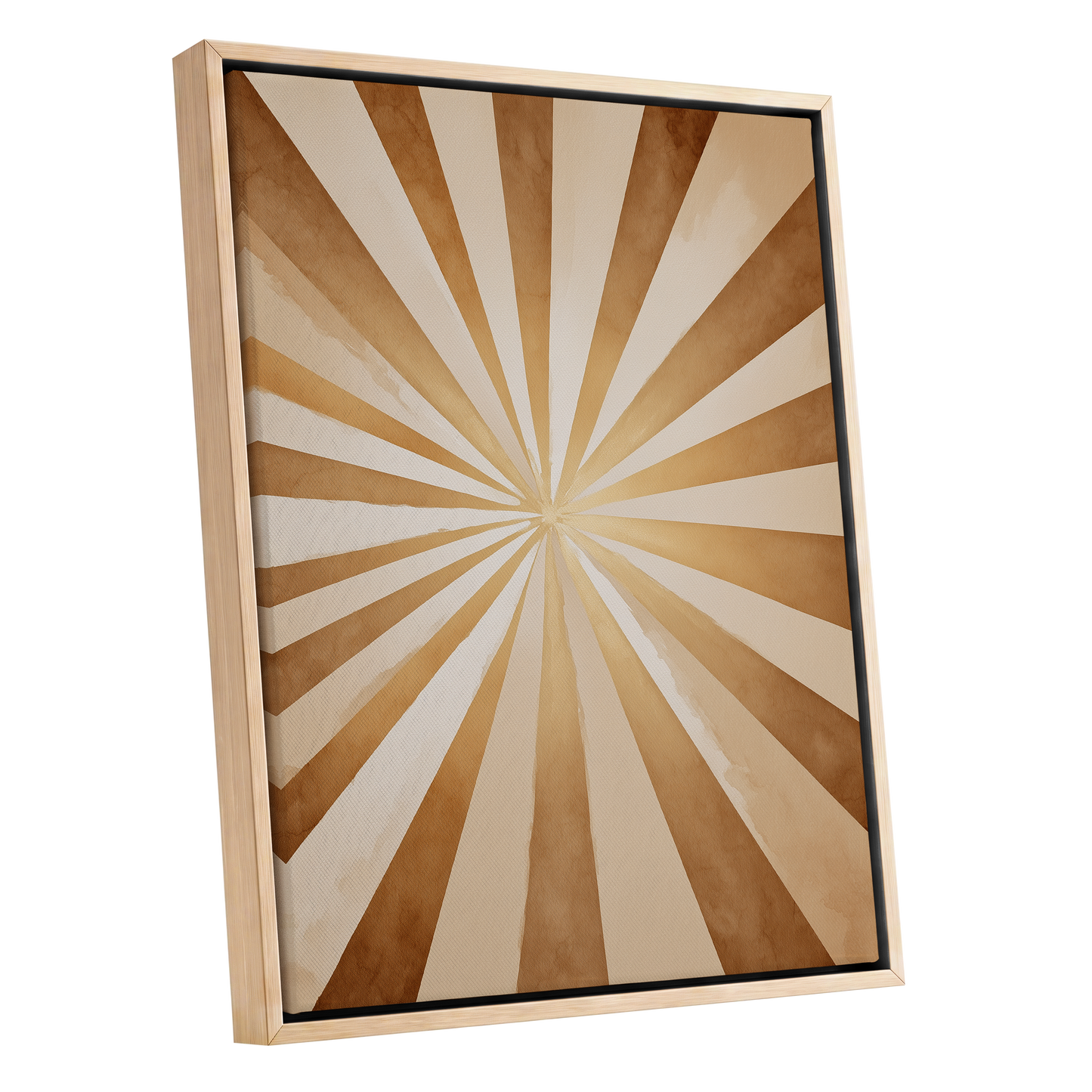 Gilded Sepia Burst, beige, gold, brown abstract wall art shown as a oak framed canvas wall art