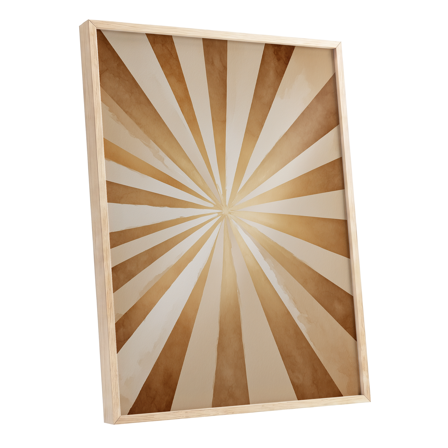 Gilded Sepia Burst, beige, gold, brown abstract wall art shown as a oak framed poster wall art print