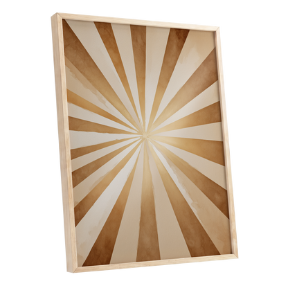 Gilded Sepia Burst, beige, gold, brown abstract wall art shown as a oak framed poster wall art print