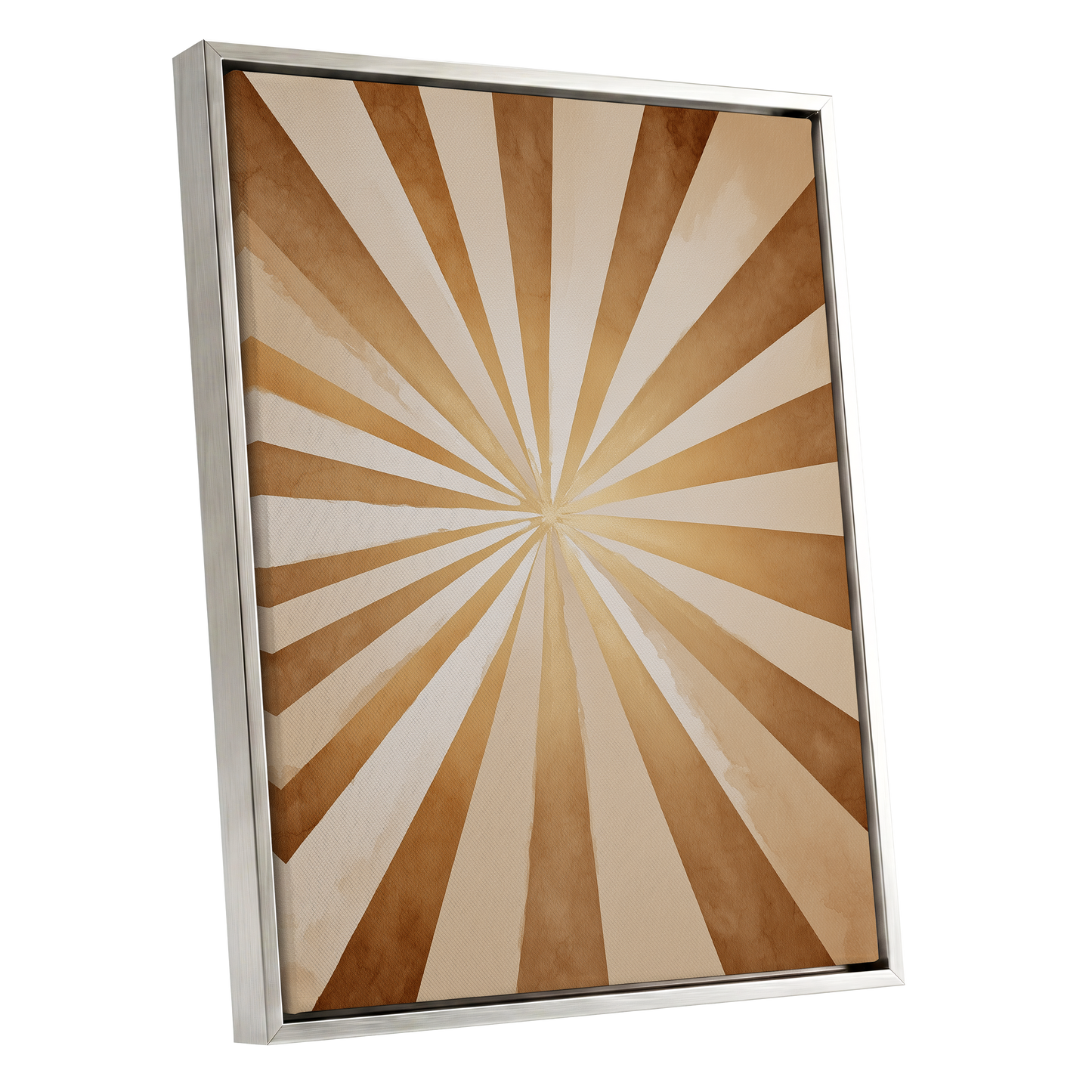 Gilded Sepia Burst, beige, gold, brown abstract wall art shown as a silver framed canvas wall art