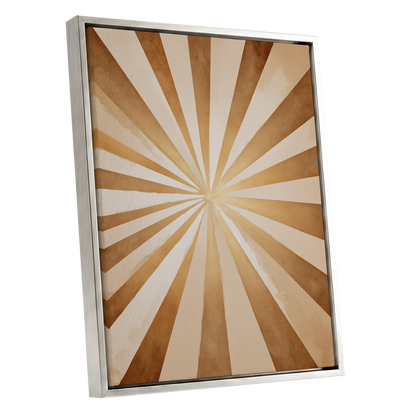 Gilded Sepia Burst, beige, gold, brown abstract wall art shown as a silver framed canvas wall art