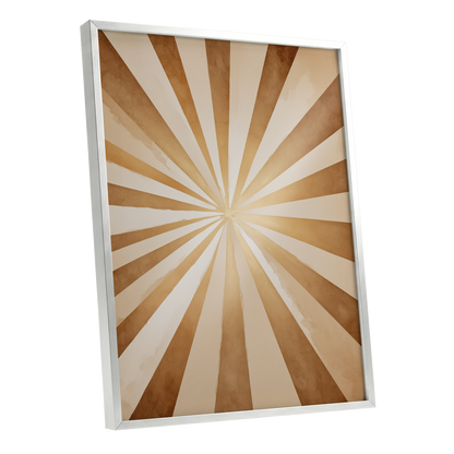 Gilded Sepia Burst, beige, gold, brown abstract wall art shown as a silver framed poster wall art print