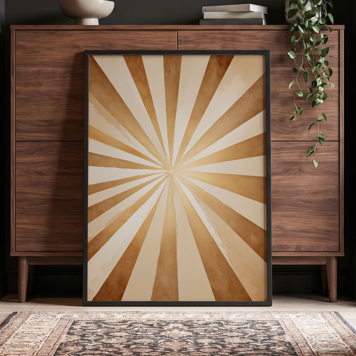 Gilded Sepia Burst, beige, gold, brown abstract wall art displayed in a styled interior, gallery view 2