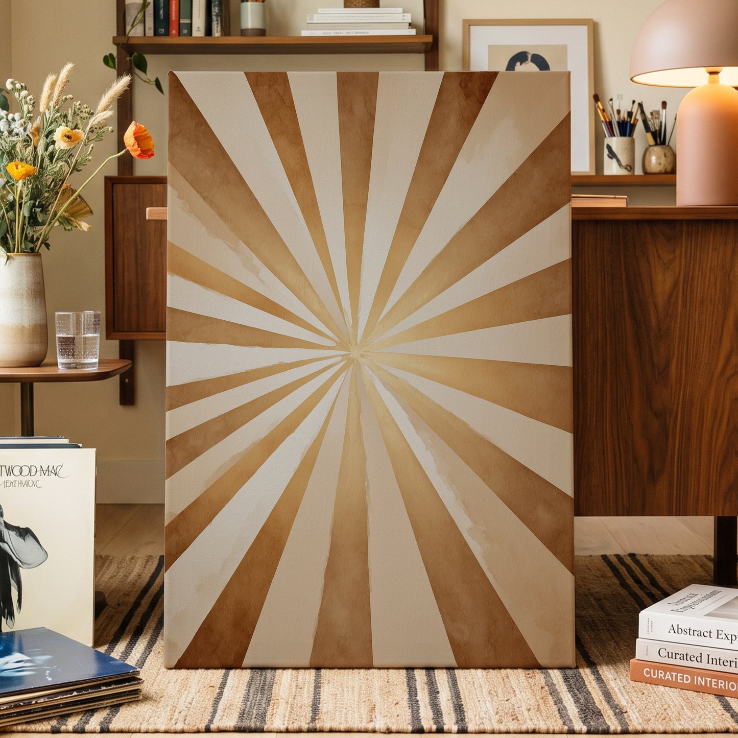 Gilded Sepia Burst, beige, gold, brown abstract wall art displayed in a styled interior, gallery view 3