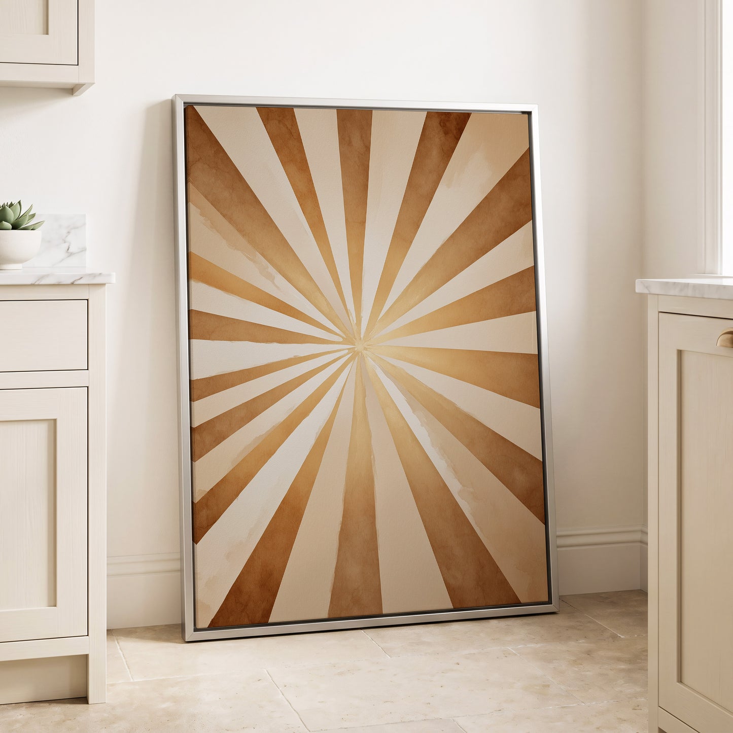 Gilded Sepia Burst, beige, gold, brown abstract wall art displayed in a styled interior, gallery view 4