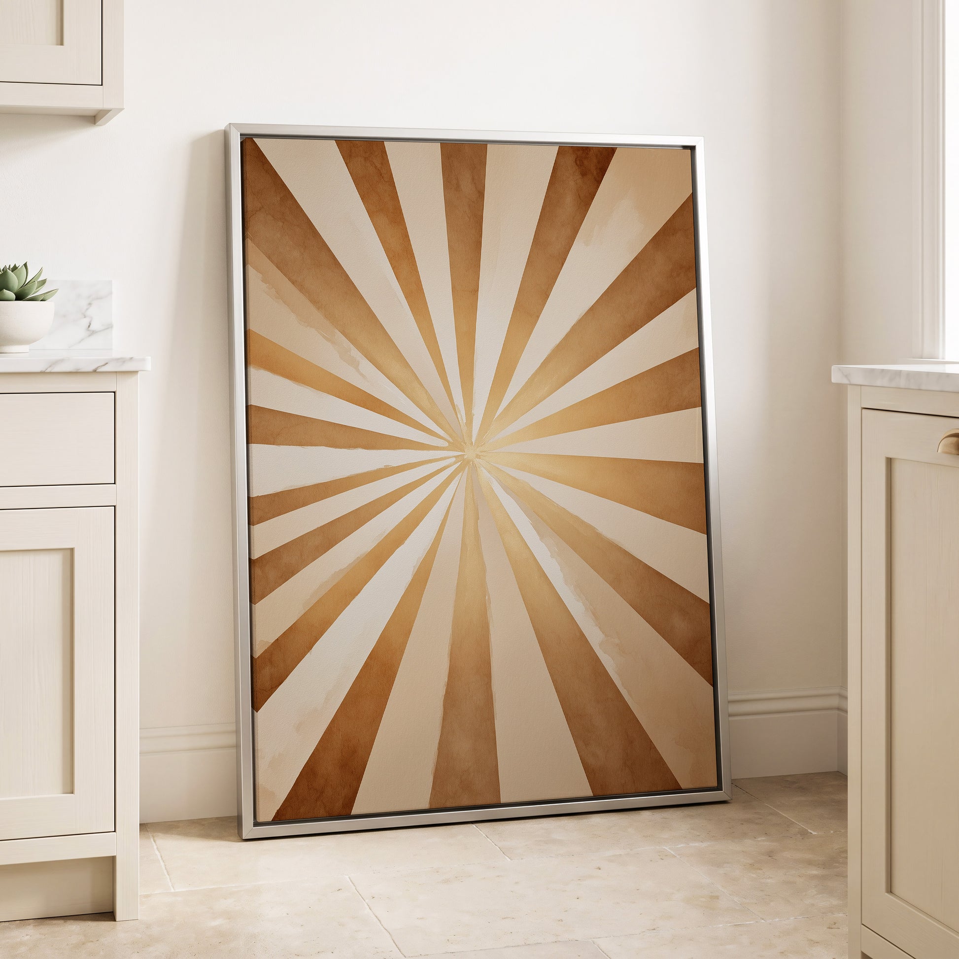 Gilded Sepia Burst, beige, gold, brown abstract wall art displayed in a styled interior, gallery view 4