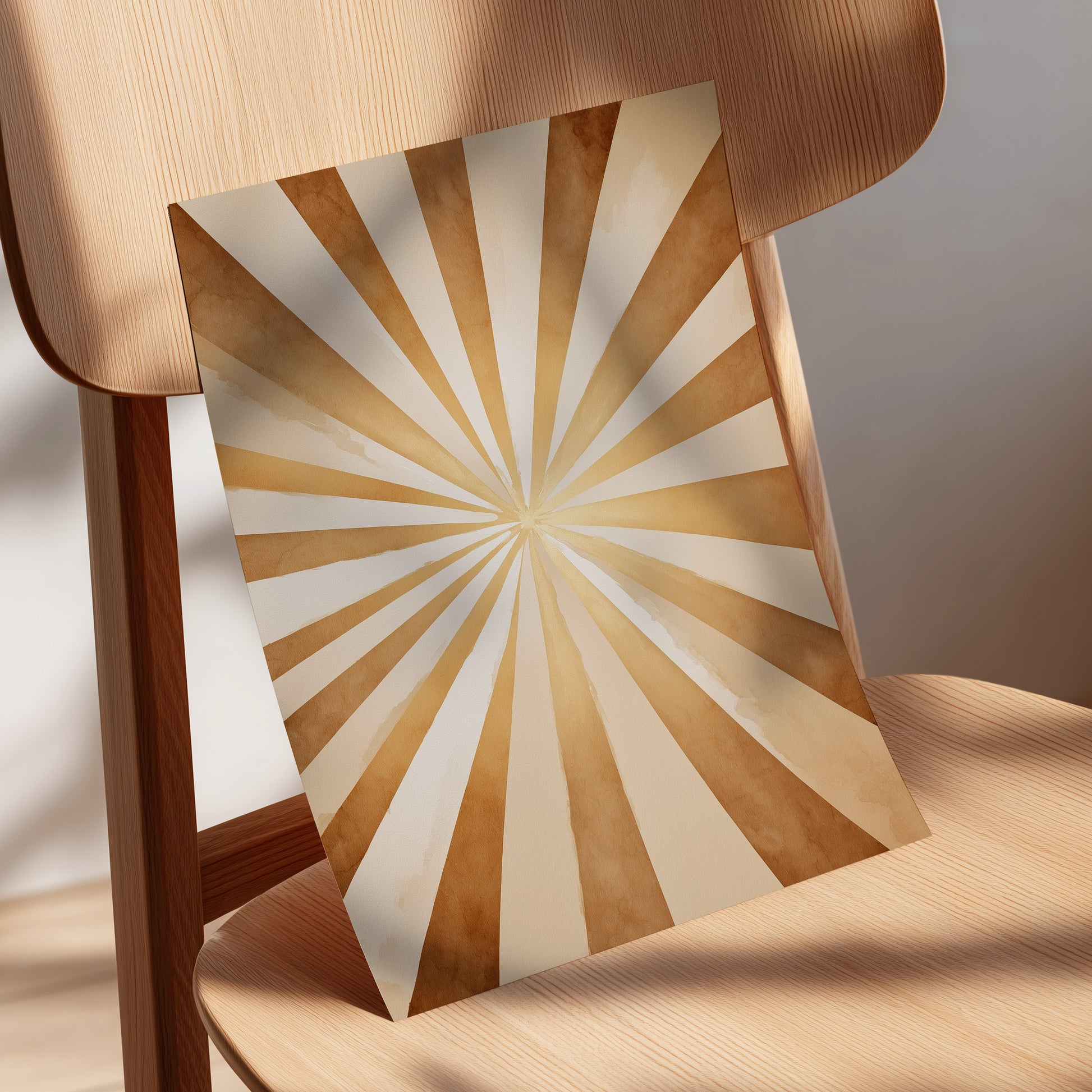 Gilded Sepia Burst, beige, gold, brown abstract wall art displayed in a styled interior, gallery view 5