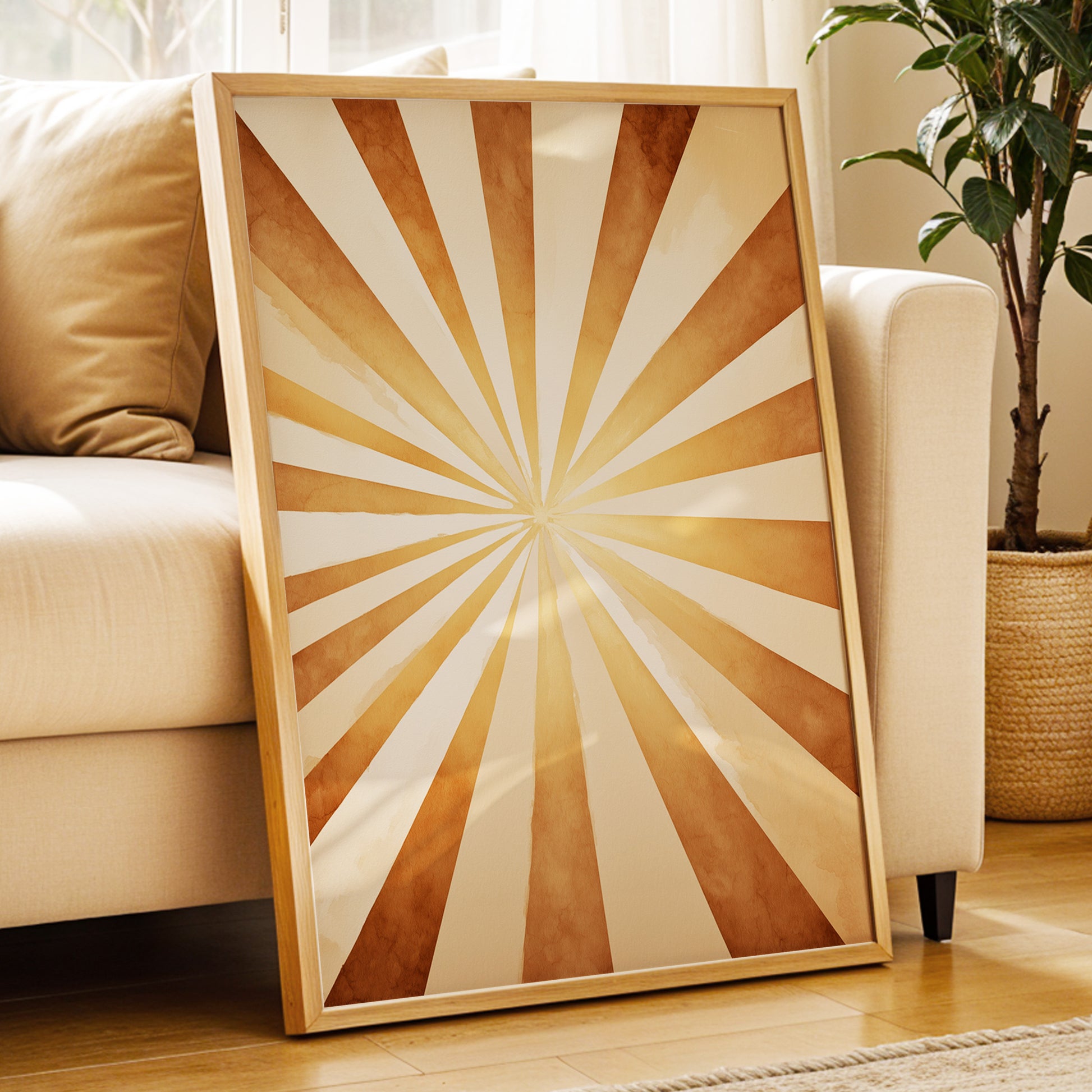 Gilded Sepia Burst, beige, gold, brown abstract wall art displayed in a styled interior, gallery view 6