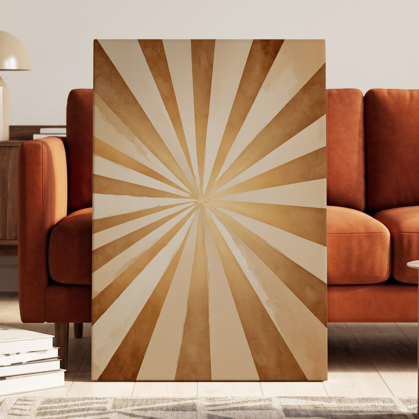 Gilded Sepia Burst, beige, gold, brown abstract wall art displayed in a styled interior, gallery view 7