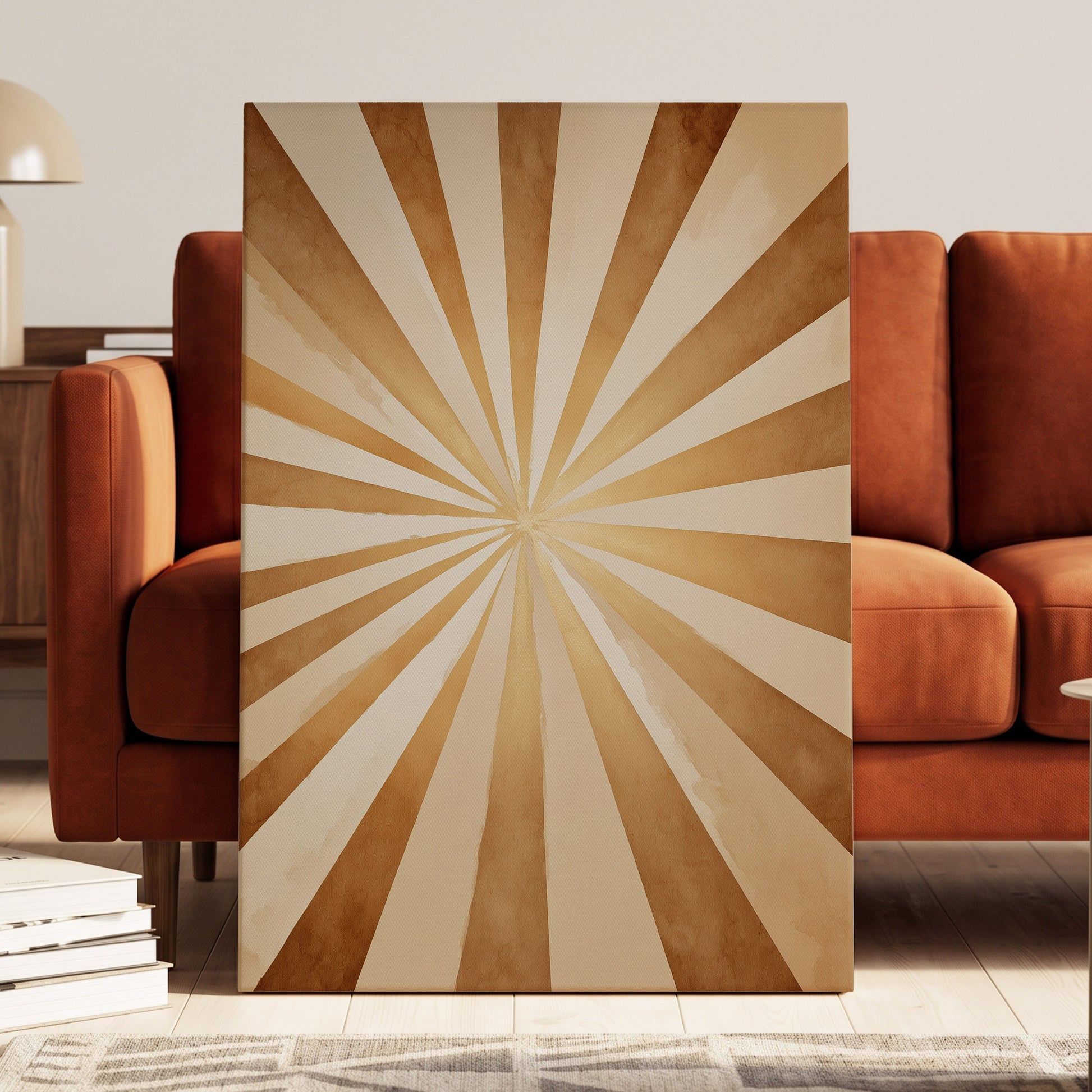 Gilded Sepia Burst, beige, gold, brown abstract wall art displayed in a styled interior, gallery view 7